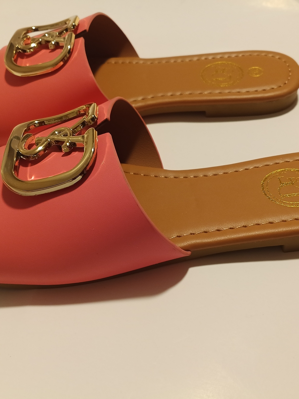Coral Slide Sandals with Gold Buckle - Women Size US 6 ( 36 )